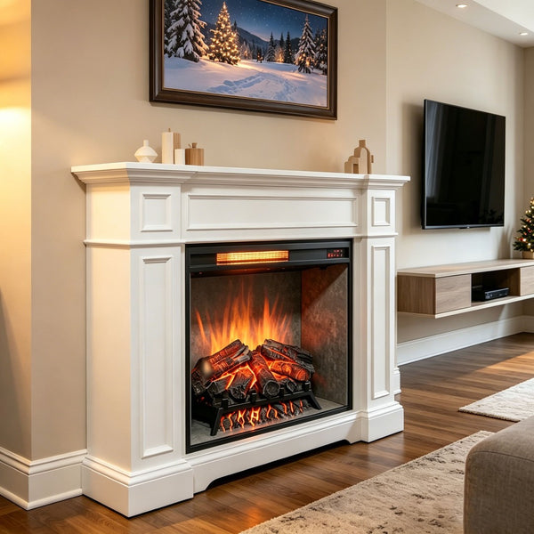 English Elm 28 Inch Infrared Electric Fireplace Insert with 3d Flames and Cement Grey Firebox W1769P458333