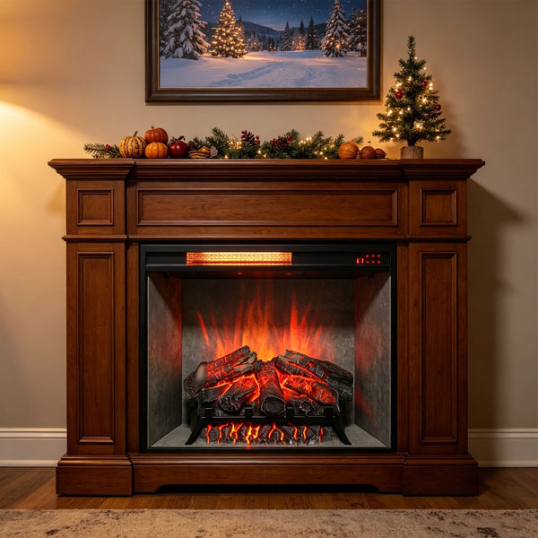 English Elm 28 Inch Infrared Electric Fireplace Insert with 3d Flames and Cement Grey Firebox W1769P458333