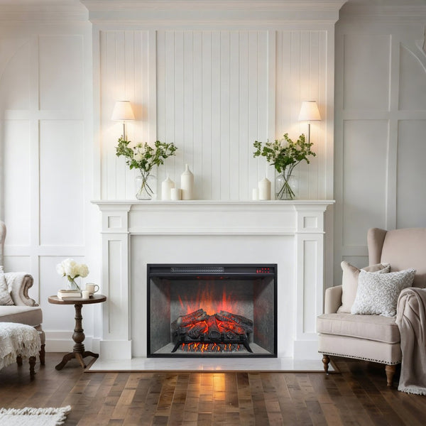 English Elm 28 Inch Infrared Electric Fireplace Insert with 3d Flames and Cement Grey Firebox W1769P458333