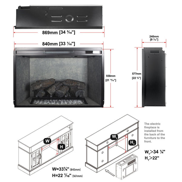 English Elm 33 Inch Infrared Quartz Fireplace Insert with 3d Flames and Cement Texture Inner Wall W1769P458335