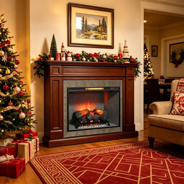 English Elm 33 Inch Infrared Quartz Fireplace Insert with 3d Flames and Cement Texture Inner Wall W1769P458335
