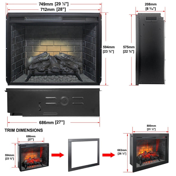 English Elm 28 Inch Recessed Infrared Quartz Fireplace Insert with 3d Flame and Trim Kit W1769P459256