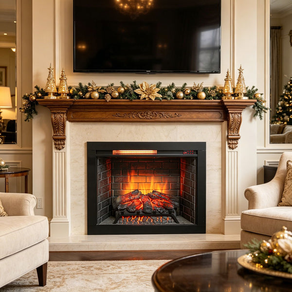 English Elm 28 Inch Recessed Infrared Quartz Fireplace Insert with 3d Flame and Trim Kit W1769P459256