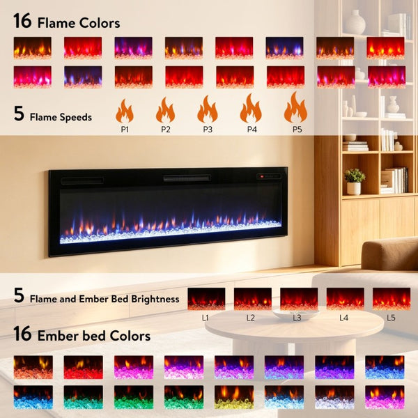 English Elm 62 Inch Recessed Wall Electric Fireplace with 16 Flame Colors Remote Timer Touch Screen W1769P498646