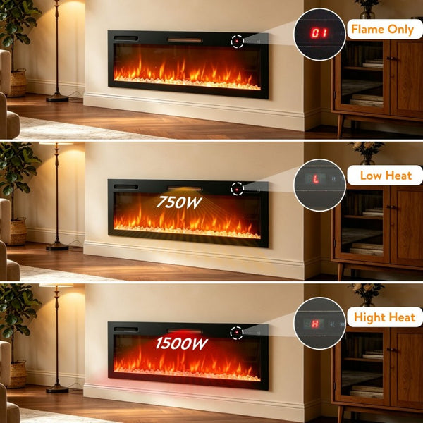 English Elm 62 Inch Recessed Wall Electric Fireplace with 16 Flame Colors Remote Timer Touch Screen W1769P498646