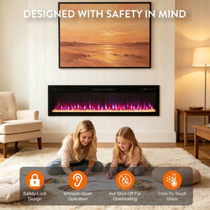 English Elm 62 Inch Recessed Wall Electric Fireplace with 16 Flame Colors Remote Timer Touch Screen W1769P498646