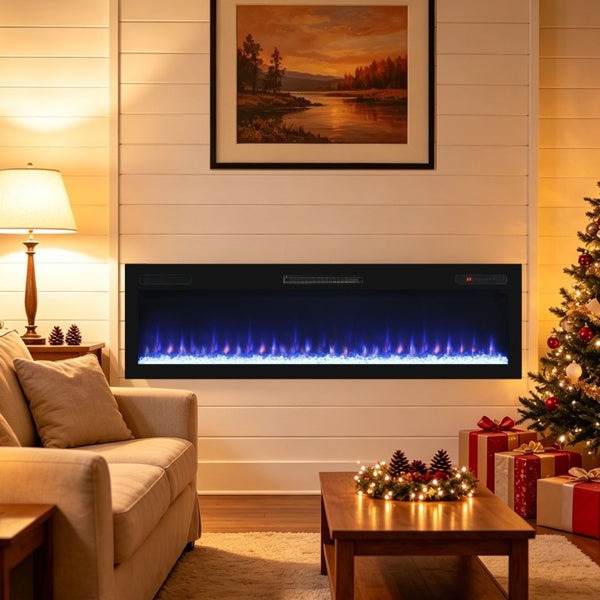 English Elm 62 Inch Recessed Wall Electric Fireplace with 16 Flame Colors Remote Timer Touch Screen W1769P498646