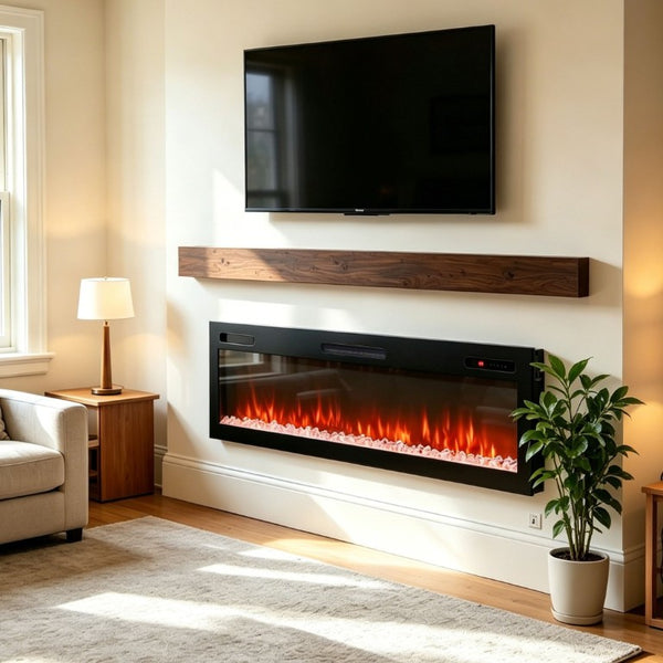 English Elm 62 Inch Recessed Wall Electric Fireplace with 16 Flame Colors Remote Timer Touch Screen W1769P498646