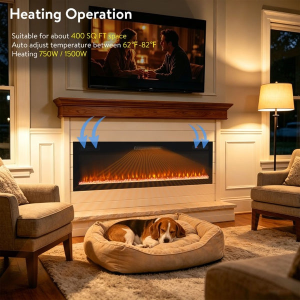English Elm 62 Inch Recessed Wall Electric Fireplace with 16 Flame Colors Remote Timer Touch Screen W1769P498646