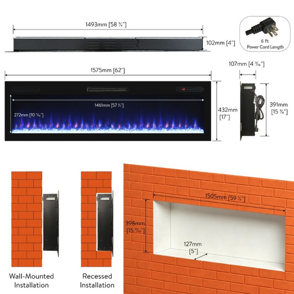 English Elm 62 Inch Recessed Wall Electric Fireplace with 16 Flame Colors Remote Timer Touch Screen W1769P498646