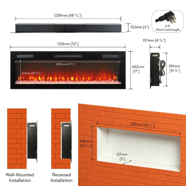 English Elm 52 Inch Recessed Wall Mount Electric Fireplace with LED Flame and Remote Timer Control W1769P505378