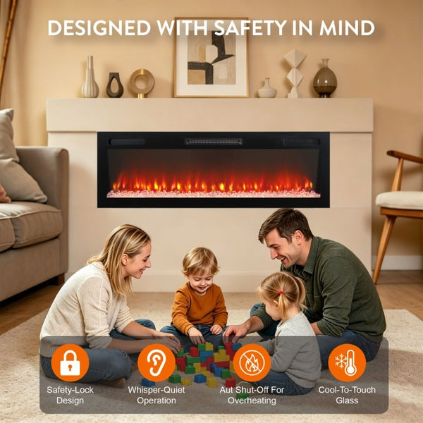 English Elm 52 Inch Recessed Wall Mount Electric Fireplace with LED Flame and Remote Timer Control W1769P505378