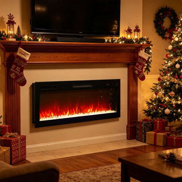 English Elm 52 Inch Recessed Wall Mount Electric Fireplace with LED Flame and Remote Timer Control W1769P505378