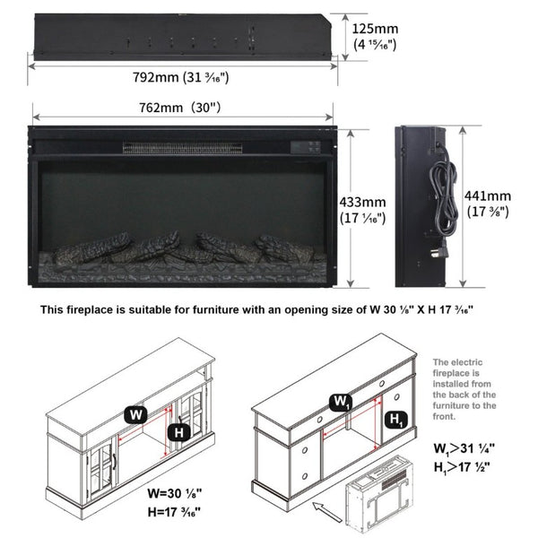English Elm 30 Inch Electric Fireplace Insert Slim Log Set LED Flame Heater with Remote Timer W1769P518074