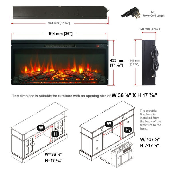 English Elm 36 Inch Electric Fireplace Insert Ultra Thin LED Log Set with Remote and Timer W1769P518076