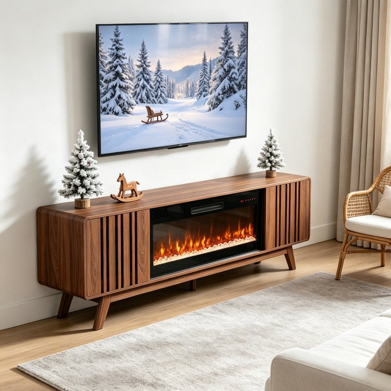 English Elm 78 Inch Walnut Media Console with Built-In Electric Fireplace and Mid-Century Tapered Legs W1769S00018
