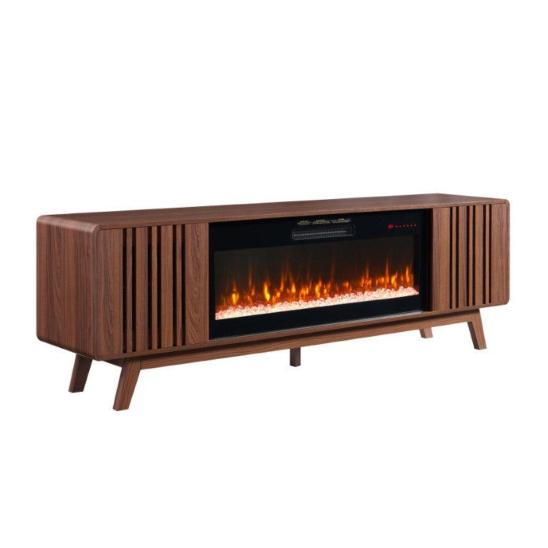 English Elm 78 Inch Walnut Media Console with Built-In Electric Fireplace and Mid-Century Tapered Legs W1769S00018