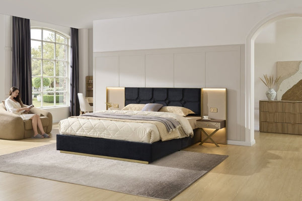 English Elm Luxurious California King Velvet Tufted Bed with Built-In LED Lamps and Floating Nightstands W1793S00037
