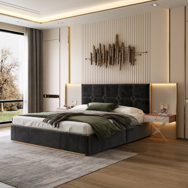 English Elm Luxurious California King Velvet Tufted Bed with Built-In LED Lamps and Floating Nightstands W1793S00037