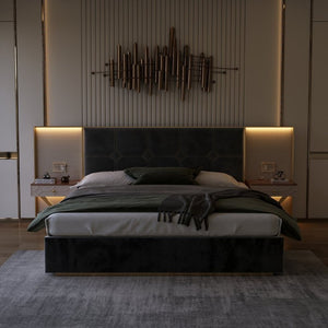 English Elm Luxurious California King Velvet Tufted Bed with Built-In LED Lamps and Floating Nightstands W1793S00037