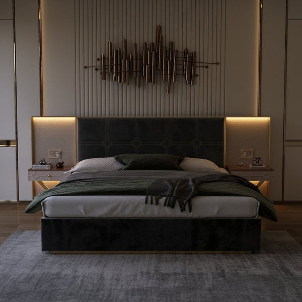 English Elm Luxurious California King Velvet Tufted Bed with Built-In LED Lamps and Floating Nightstands W1793S00037