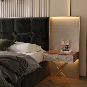English Elm Luxurious California King Velvet Tufted Bed with Built-In LED Lamps and Floating Nightstands W1793S00037