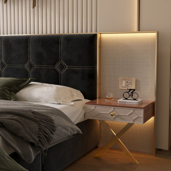 English Elm Luxurious California King Velvet Tufted Bed with Built-In LED Lamps and Floating Nightstands W1793S00037