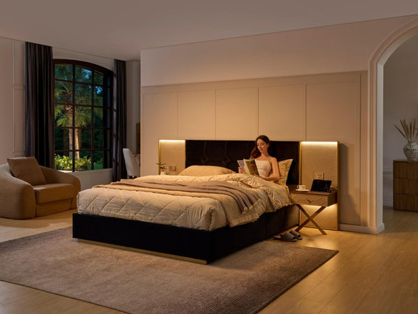 English Elm Luxurious California King Velvet Tufted Bed with Built-In LED Lamps and Floating Nightstands W1793S00037