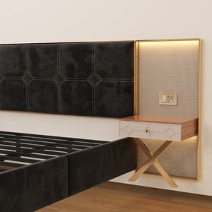 English Elm Luxurious California King Velvet Tufted Bed with Built-In LED Lamps and Floating Nightstands W1793S00037