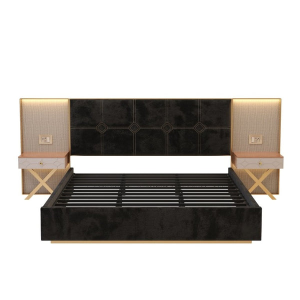 English Elm Luxurious California King Velvet Tufted Bed with Built-In LED Lamps and Floating Nightstands W1793S00037