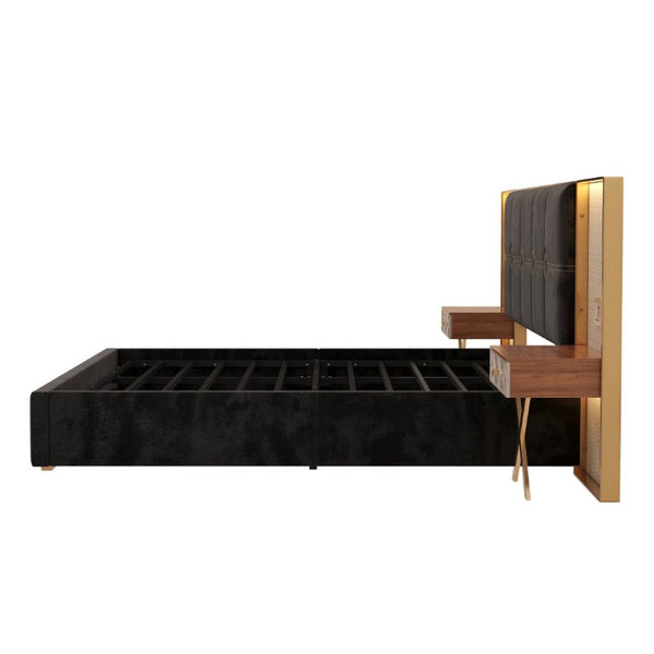 English Elm Luxurious California King Velvet Tufted Bed with Built-In LED Lamps and Floating Nightstands W1793S00037
