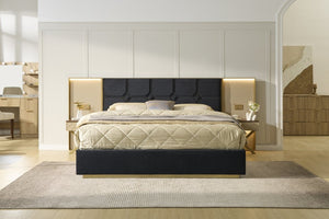 English Elm Luxurious California King Velvet Tufted Bed with Built-In LED Lamps and Floating Nightstands W1793S00037