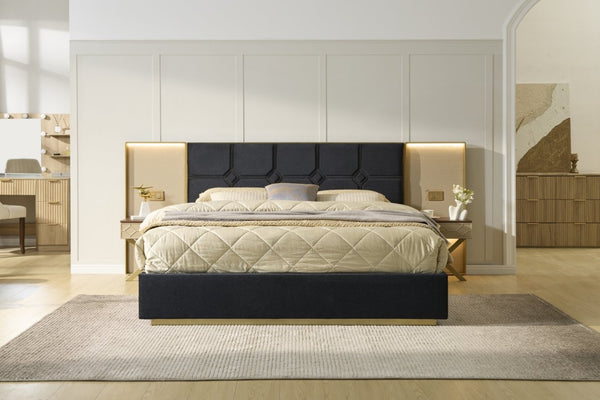 English Elm Luxurious California King Velvet Tufted Bed with Built-In LED Lamps and Floating Nightstands W1793S00037