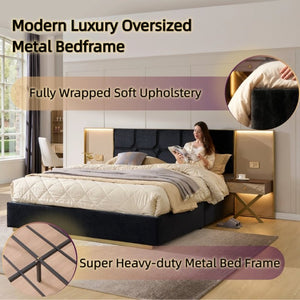 English Elm Luxurious California King Velvet Tufted Bed with Built-In LED Lamps and Floating Nightstands W1793S00037