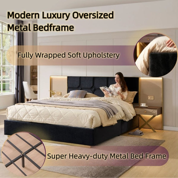English Elm Luxurious California King Velvet Tufted Bed with Built-In LED Lamps and Floating Nightstands W1793S00037