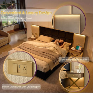 English Elm Luxurious California King Velvet Tufted Bed with Built-In LED Lamps and Floating Nightstands W1793S00037