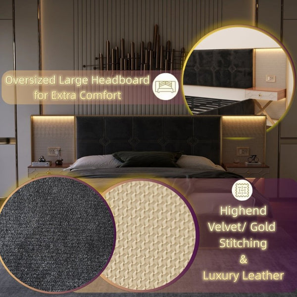 English Elm Luxurious California King Velvet Tufted Bed with Built-In LED Lamps and Floating Nightstands W1793S00037