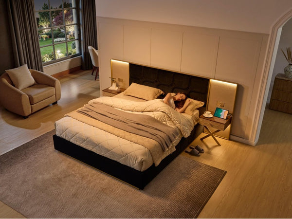 English Elm Luxurious California King Velvet Tufted Bed with Built-In LED Lamps and Floating Nightstands W1793S00037
