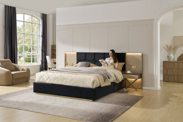 English Elm Luxurious California King Velvet Tufted Bed with Built-In LED Lamps and Floating Nightstands W1793S00037