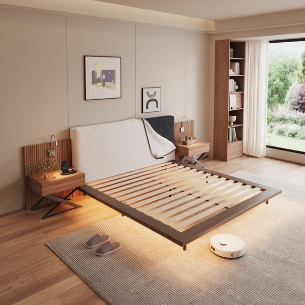 English Elm High-end King Platform Bed Chenille Headboard Led Strip Charging Integrated Nightstands W1793S00058