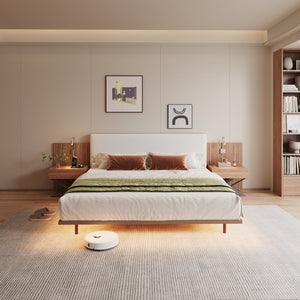 English Elm High-end King Platform Bed Chenille Headboard Led Strip Charging Integrated Nightstands W1793S00058