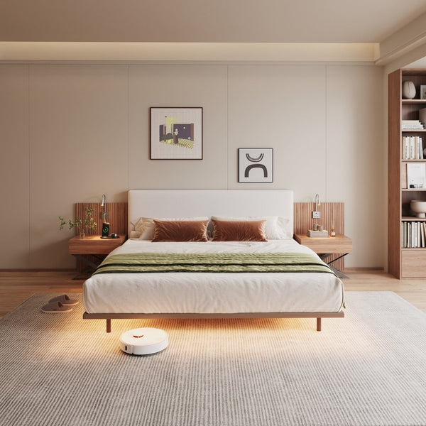 English Elm High-end King Platform Bed Chenille Headboard Led Strip Charging Integrated Nightstands W1793S00058