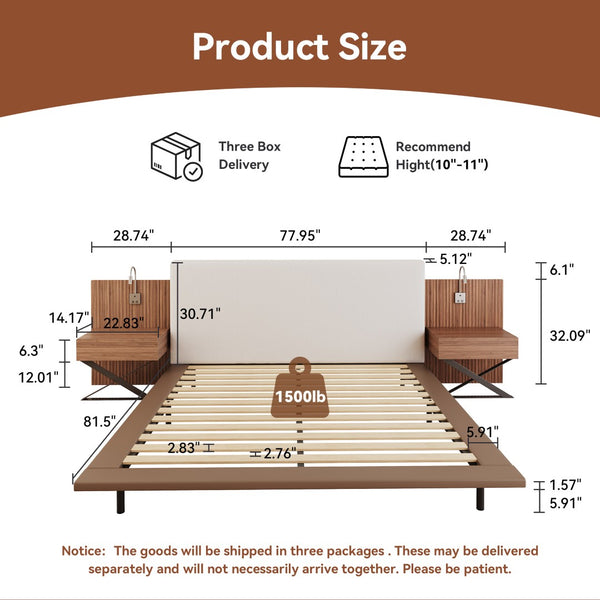 English Elm High-end King Platform Bed Chenille Headboard Led Strip Charging Integrated Nightstands W1793S00058