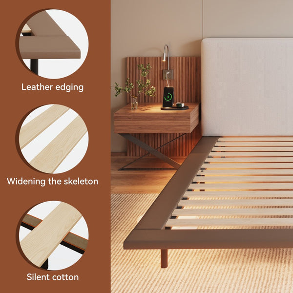 English Elm High-end King Platform Bed Chenille Headboard Led Strip Charging Integrated Nightstands W1793S00058