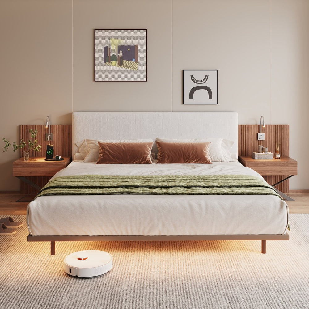 English Elm High-end King Platform Bed Chenille Headboard Led Strip Charging Integrated Nightstands W1793S00058