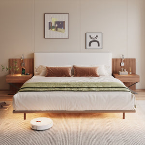 English Elm High-end King Platform Bed Chenille Headboard Led Strip Charging Integrated Nightstands W1793S00058