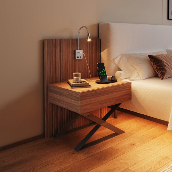 English Elm High-end King Platform Bed Chenille Headboard Led Strip Charging Integrated Nightstands W1793S00058