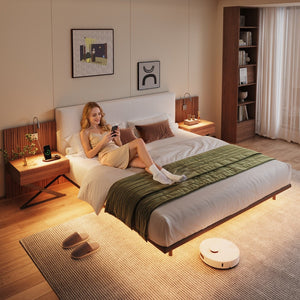 English Elm High-end King Platform Bed Chenille Headboard Led Strip Charging Integrated Nightstands W1793S00058