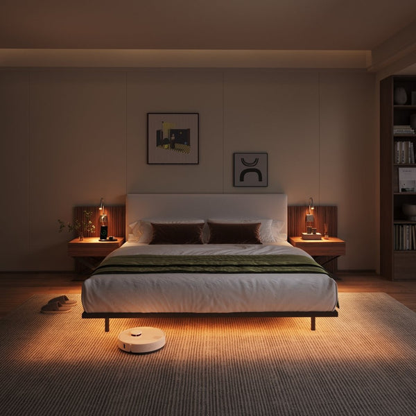 English Elm High-end King Platform Bed Chenille Headboard Led Strip Charging Integrated Nightstands W1793S00058