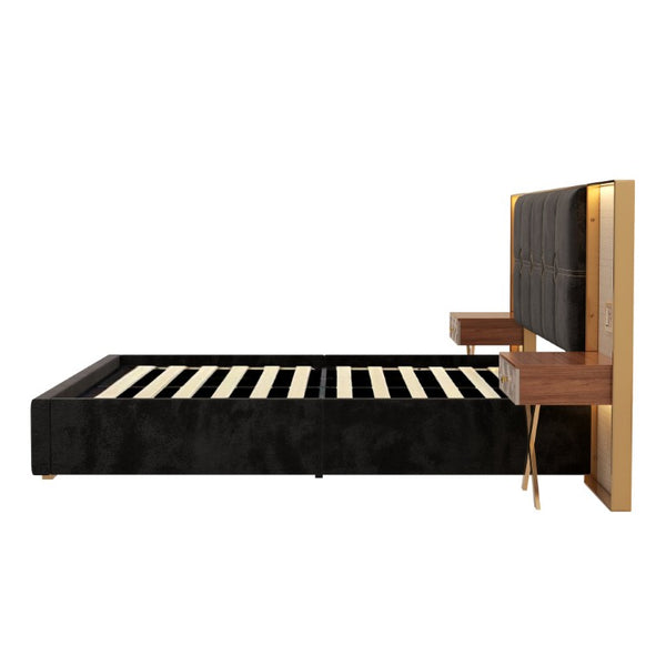 English Elm Luxurious Queen Bed Tufted Velvet Headboard with Floating Nightstands and LED Lamps W1793S00063